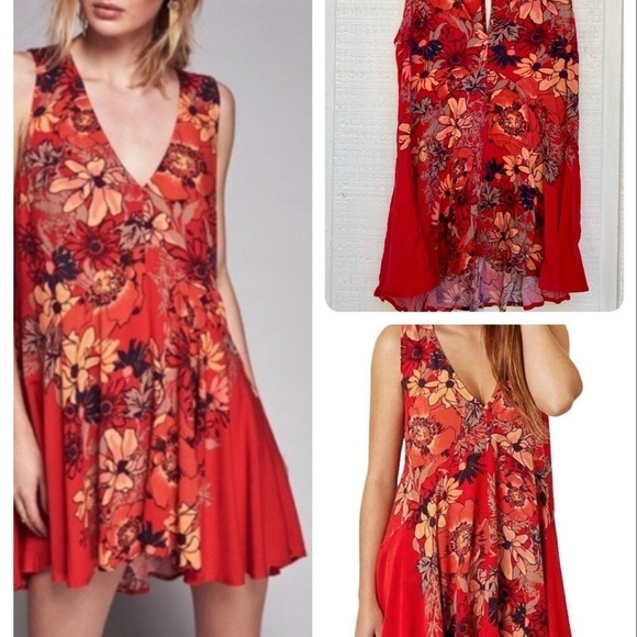 FREE PEOPLE Backyard Party Mini Dress Tunic Sleeveless Bright Red Swing Small - Picture 1 of 7